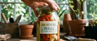 Sun-drenched pickles in glass jar held by hand in bright garden setting with potted plants and natural light background.