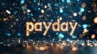 Glowing "payday" text illuminated with golden lights against dark blue background with floating money symbols and bokeh effects for financial concept.