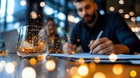 Young bearded caucasian man writing in notebook at evening restaurant table with whiskey glass and golden bokeh lights creating atmospheric mood.
