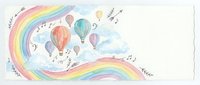 Whimsical watercolor hot air balloons floating through colorful rainbow clouds with musical notes creating dreamy sky adventure scene for children's decor.