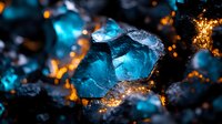 Raw blue crystal formations with glowing golden light effects against dark background, creating magical mineral texture with sparkling highlights and deep shadows.