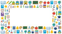 School supplies and educational items arranged in frame border on white background, isolated clipart for design projects.