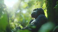 Contemplative chimpanzee in natural habitat gazes upward through sunlit forest canopy, surrounded by lush green foliage creating atmospheric wildlife scene.
