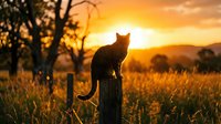 Cat silhouette sitting on wooden fence post during golden hour sunset in rural countryside with warm orange sky and peaceful landscape scenery.