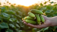 Fresh organic cucumbers held in hands at sunset in vegetable garden during harvest season for healthy eating and farm-to-table cooking.