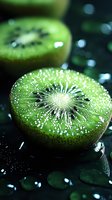 Fresh sliced kiwi fruit with water drops on dark background, macro shot showing detailed texture and seeds in vibrant green color. Suitable for healthy eating concepts.