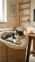 Cozy tabby and white kitten resting in wicker basket with chunky knit blanket in warm Scandinavian living room interior with wooden shelves and candle.