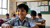 Happy young South Asian boy student smiling in classroom wearing striped school uniform shirt with classmates studying in background at wooden desks.