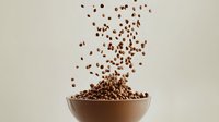 Roasted coffee beans falling into ceramic brown bowl creating dynamic motion splash effect against neutral background. For cafe and food design.