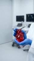 Doctor in white coat and blue gloves holds a red anatomical heart model in a modern medical clinic, cardiology and healthcare concept.