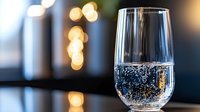 Sparkling water with bubbles in elegant glass on modern table with warm bokeh lights creating luxurious dining atmosphere for restaurant hospitality.