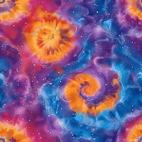 Vibrant cosmic seamless pattern with orange spiral galaxies and stars on purple and blue nebula background. Tiles continuously for fabric and wallpaper designs.