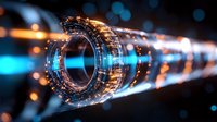 Futuristic glowing technological rings with orange and blue light effects creating dynamic tunnel perspective against dark background with bokeh elements.
