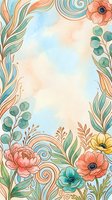 Watercolor floral frame with pastel flowers, swirling ornaments, and lush leaves on soft blue and peach background with copy space.
