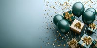 Festive emerald green balloons and white gift boxes with gold bows on gradient background with scattered golden confetti. Celebration layout with copy space.