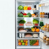 Open refrigerator filled with fresh vegetables, fruits, dairy products and healthy food ingredients organized on shelves for meal preparation and cooking.