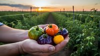 Farmer hands holding fresh colorful heirloom tomatoes at sunset in organic vegetable garden. Agricultural harvest concept for healthy eating and farm produce.