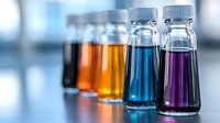 Glass vials with colorful liquid samples in laboratory setting, showing gradient from black through orange to blue and purple, on reflective surface with bokeh background.