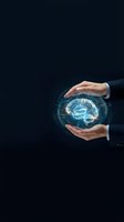 Businessman hands protecting glowing digital brain hologram representing artificial intelligence, mental health care, innovation and cognitive technology solutions.