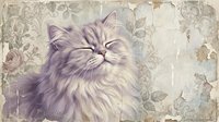 Fluffy long-haired cat with closed eyes against vintage floral wallpaper background, perfect for home decor, greeting cards, and nostalgic design projects.