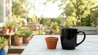 Young plant seedling growing in terracotta pot next to black coffee mug on wooden table outdoors with blurred garden background for gardening concepts.
