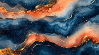 Abstract navy blue and coral watercolor marble with gold veins and stars creates luxurious cosmic pattern for wall art and textile design.