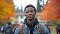 Young African American male college student smiling confidently on campus during autumn, wearing casual denim jacket and hoodie with backpack against colorful fall foliage.