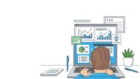 Business analyst working on laptop with financial charts and data visualization dashboards for market research and performance tracking.