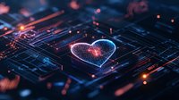 Glowing neon heart shape on circuit board with digital connections and light effects in blue and orange colors, representing technology and love concept.