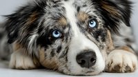 Australian Shepherd dog with striking blue eyes lying down, showcasing beautiful merle coat pattern. Perfect for pet care, veterinary, and animal lover content.