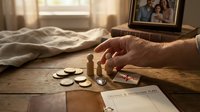 Senior man planning retirement savings with coins and financial documents on wooden table in warm sunlit bedroom with family photo in background.