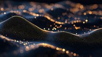 Abstract digital wave visualization with glowing orange bokeh lights and dotted particle surface creating futuristic technology landscape. Perfect for tech backgrounds.