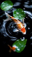 Orange and white koi fish swimming in dark pond water with floating green lily pads, creating ripples and water drops in dramatic lighting.