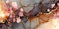 Abstract alcohol ink artwork with flowing organic shapes in pink, gold, and gray tones with golden glitter accents for luxury design projects.