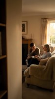 Mature couple relaxing together on comfortable sofa in cozy living room with warm natural lighting and fireplace for intimate home moments.