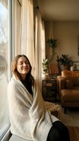 Young woman enjoying morning sunlight wrapped in cozy knit blanket by window in warm living room with plants creating peaceful atmosphere for relaxation and wellness.