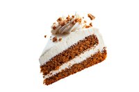 Slice of layered carrot cake with cream cheese frosting and crushed walnut topping on white background, isolated dessert for menu design and food marketing.