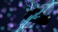 Cloud computing technology with glowing circuit lines and digital connections on dark background for tech presentations and data storage concepts.