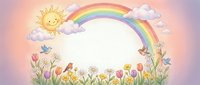 Cheerful spring meadow frame with rainbow, smiling sun and blooming flowers on pastel background for children's designs and greeting cards.