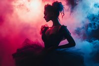 Silhouette of young female ballet dancer in tutu against dramatic pink and blue smoke background, creating mysterious atmospheric mood for performing arts designs.