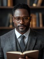 African American professional man in glasses and business suit reading book against library background, conveying knowledge and expertise in corporate setting.