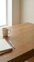 Minimalist wooden desk with coffee mug, notebook and pen in bright natural light creating calm productive workspace for remote work and studying.
