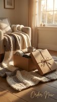 Cozy hygge gift box with kraft packaging and twine bow on chunky knit blanket in warm sunlit living room, perfect for holiday gifting concepts.