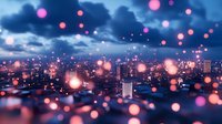 Modern cityscape at dusk with glowing pink bokeh lights floating in foreground, dramatic cloudy sky and illuminated skyscrapers creating magical urban atmosphere.