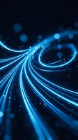 Abstract blue glowing light trails and particles flowing in dynamic curves against dark background, representing technology, data transfer, and digital connectivity concepts.