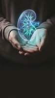 Hands holding glowing holographic kidney organ with blue light effects for medical healthcare and nephrology education concepts.
