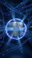 Futuristic server infrastructure surrounded by glowing energy sphere and digital network connections for technology and data center concepts.