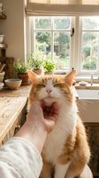 Orange and white tabby cat being held and petted by a person's hand in a bright kitchen with potted herbs, wooden countertop, farmhouse sink, and large windows overlooking garden.
