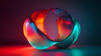 Glowing abstract glass spheres with vibrant red and turquoise gradient colors intertwined on reflective surface against dark background creating dramatic lighting effect.