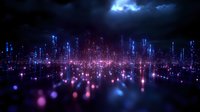 Futuristic night cityscape with glowing neon skyscrapers reflected in water surface under dramatic stormy sky with lightning. Modern urban landscape for digital art.